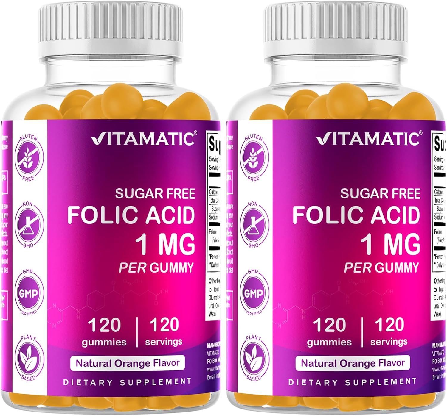 Vitamatic Ácido Fólico Gominolas 1000 mcg (1 mg) – Complemento Prenatal Vegano para Mamá y Bebé – 120 Gominolas por Frasco – Pack de 2