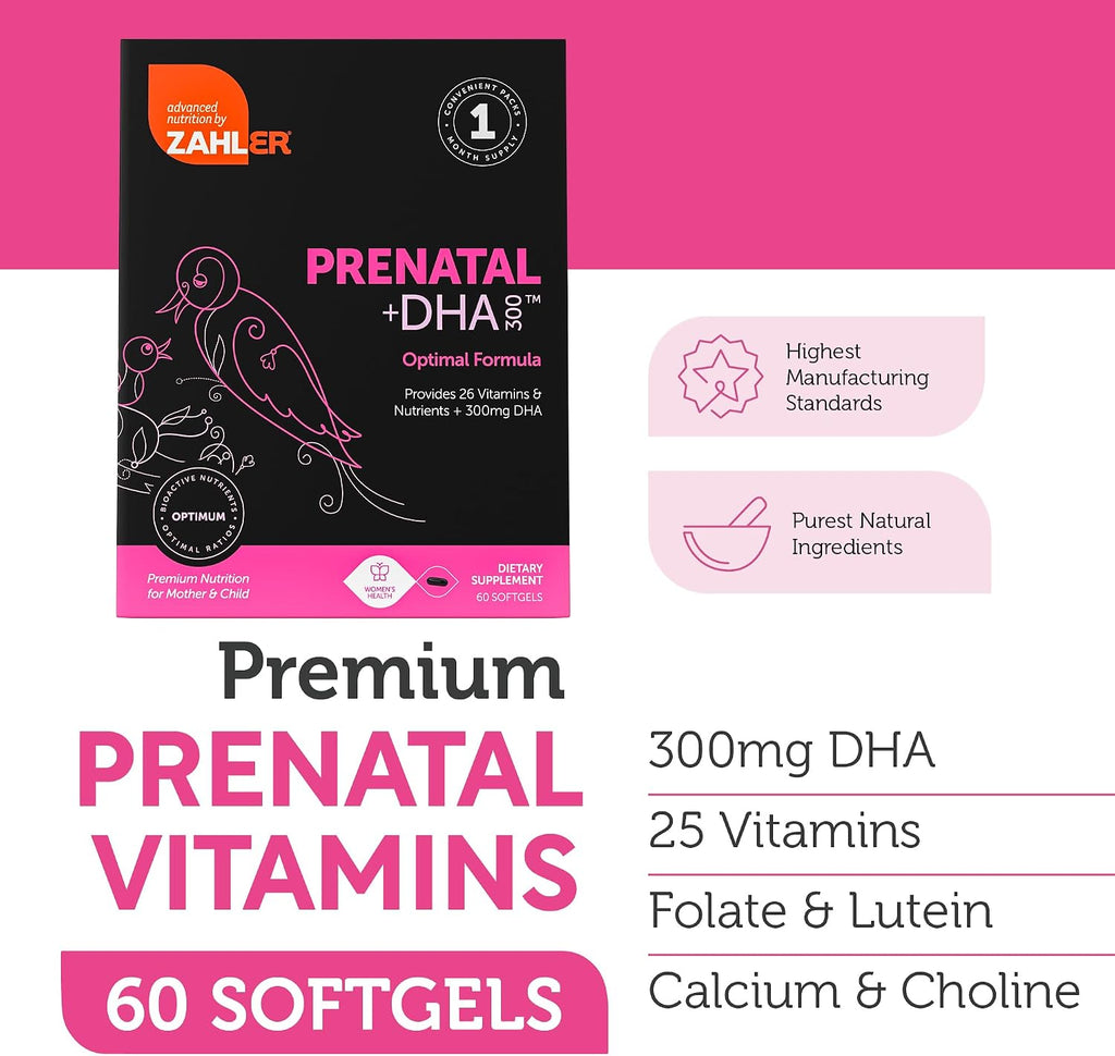 Zahler Prenatal +DHA 300 - Prenatal con Folato Metilado y DHA - 60 Cápsulas Blandas