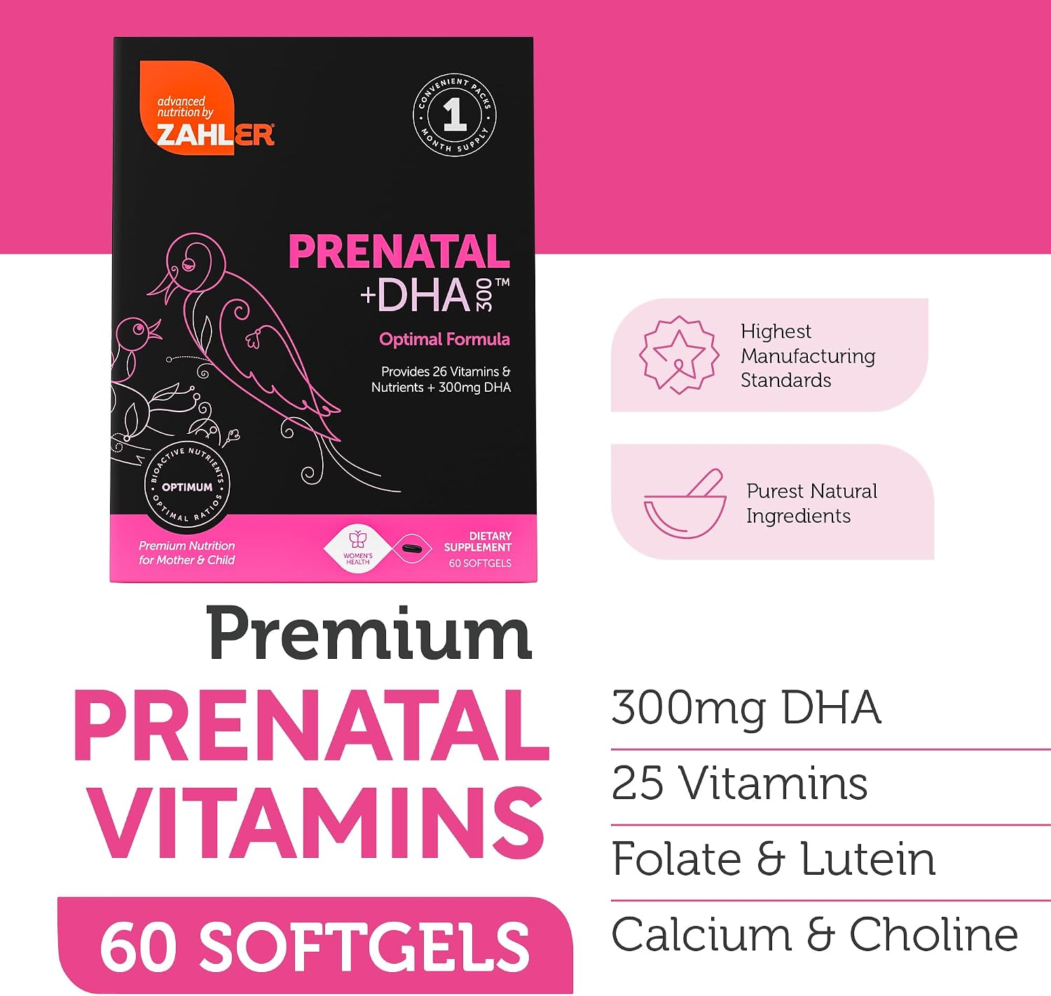 Zahler Prenatal +DHA 300 - Prenatal con Folato Metilado y DHA - 60 Cápsulas Blandas