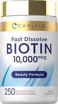 Carlyle Biotin 10000mcg | 250 Comprimidos de Disolución Rápida | Máxima Potencia | Vegetal, No OGM, Sin Gluten