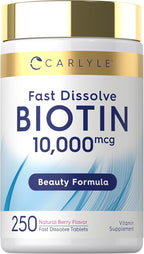 Carlyle Biotin 10000mcg | 250 Comprimidos de Disolución Rápida | Máxima Potencia | Vegetal, No OGM, Sin Gluten