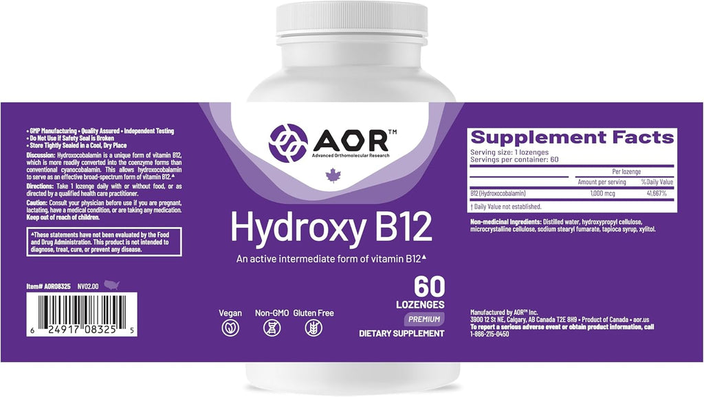 AOR Hydroxy B12 1000 mcg – 60 Comprimidos Veganos de Hidroxocobalamina