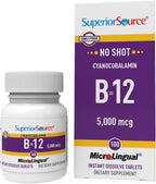 Superior Source No Shot Vitamina B12 Cianocobalamina 5000 mcg, 100 Comprimidos Sublinguales