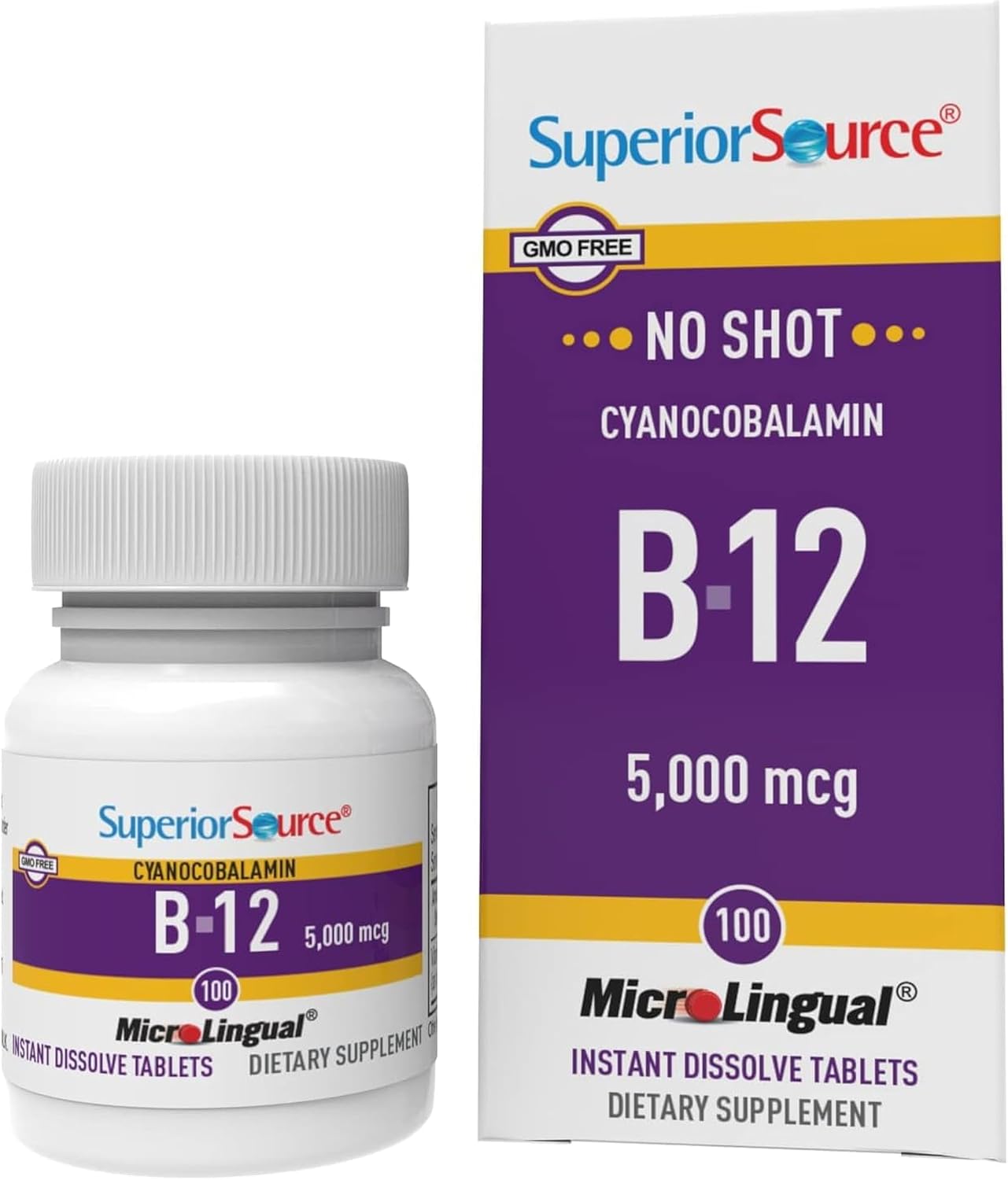 Superior Source No Shot Vitamina B12 Cianocobalamina 5000 mcg, 100 Comprimidos Sublinguales