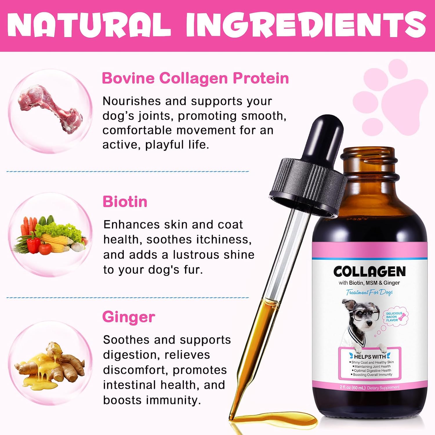 Colágeno Líquido para Perros con Biotina, MSM y Jengibre | Suplemento para Articulaciones, Piel y Digestión 60ml