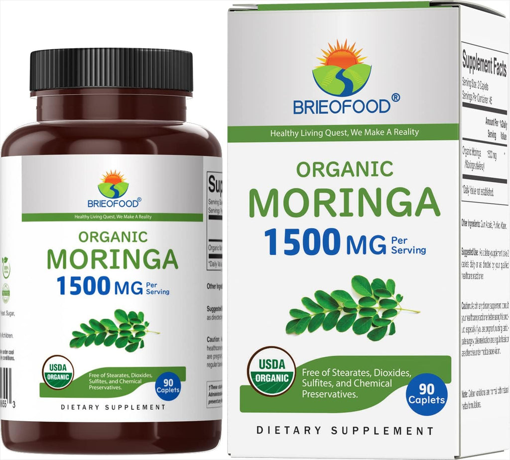 Brieofood Moringa Orgánica 1500mg, 45 Dosis, Vegetariano, Sin Gluten, 90 Comprimidos Vegetarianos