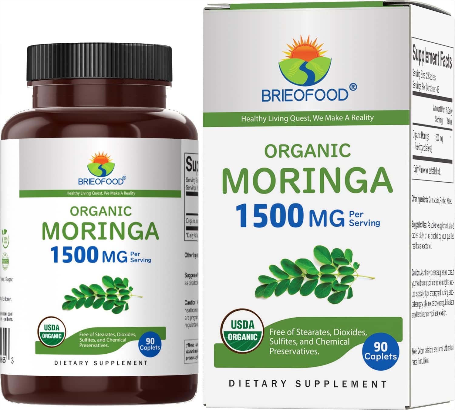 Brieofood Moringa Orgánica 1500mg, 45 Dosis, Vegetariano, Sin Gluten, 90 Comprimidos Vegetarianos