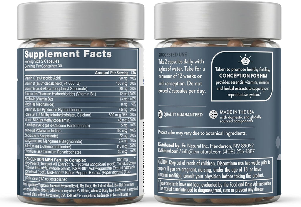 Eu Natural Conception for Him - Suplemento de Fertilidad Masculina con Ashwagandha, Folato y Zinc - Apoyo para el Recuento, Motilidad y Fuerza Espermática - 120 Cápsulas Vegetales