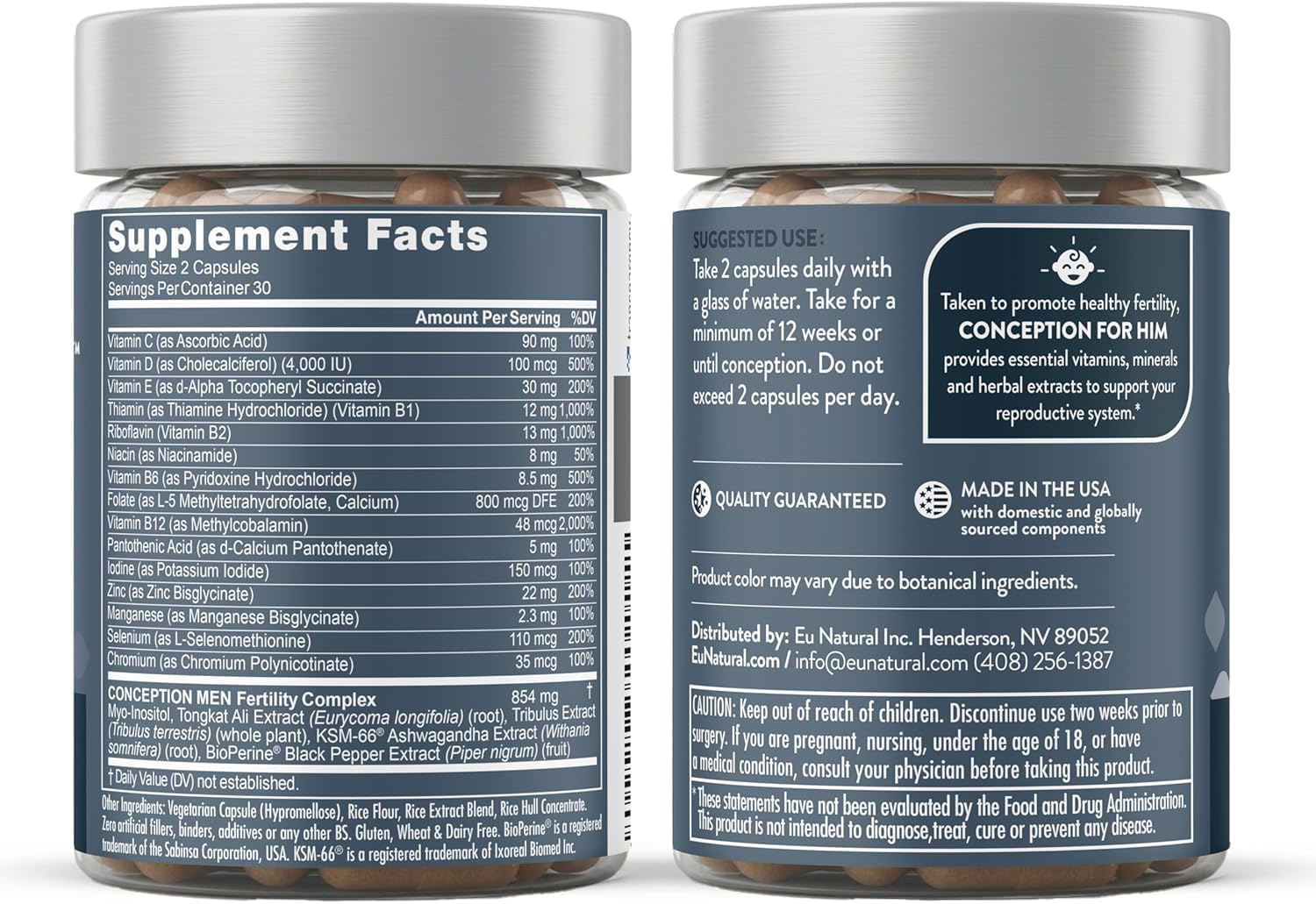 Eu Natural Conception for Him - Suplemento de Fertilidad Masculina con Ashwagandha, Folato y Zinc - Apoyo para el Recuento, Motilidad y Fuerza Espermática - 120 Cápsulas Vegetales