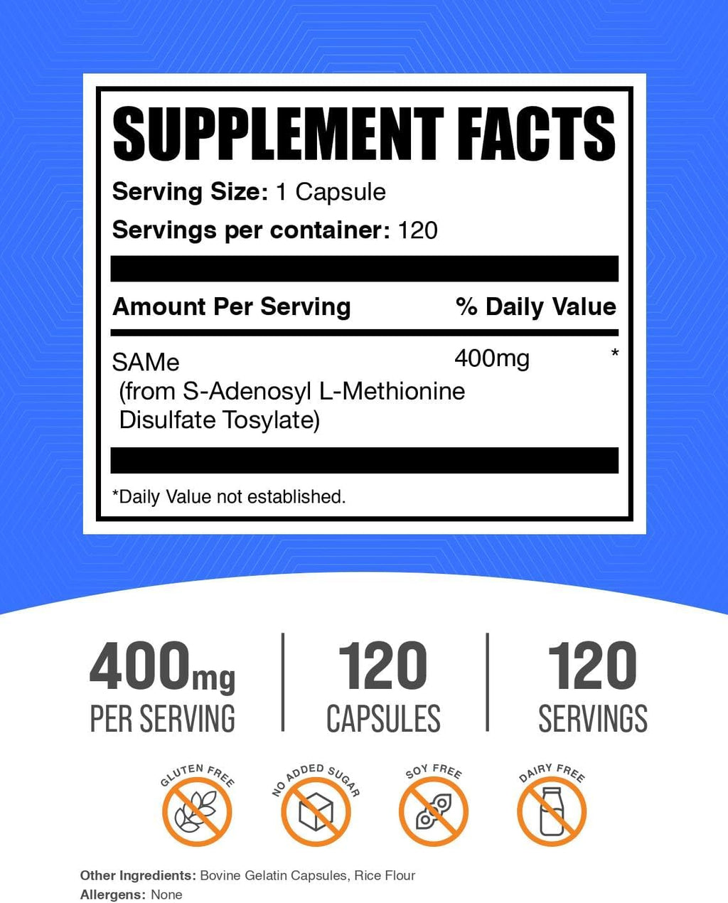 BulkSupplements.com Cápsulas de SAM-e - S-Adenosilmetionina, Suplemento de SAM-e Sin Gluten, 400 mg por Cápsula, 120 Cápsulas