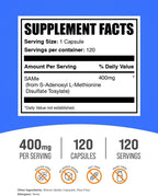 BulkSupplements.com Cápsulas de SAM-e - S-Adenosilmetionina, Suplemento de SAM-e Sin Gluten, 400 mg por Cápsula, 120 Cápsulas