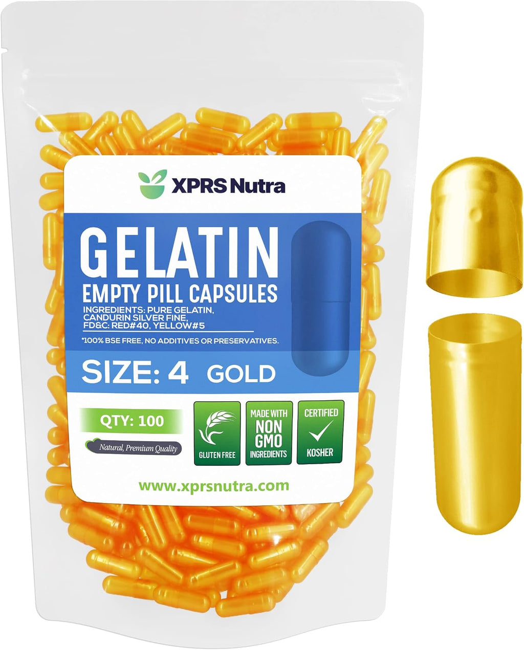 XPRS Nutra Cápsulas Vacías Tamaño 4 - 100 uds - Cápsulas de Gelatina Bovina para Rellenar