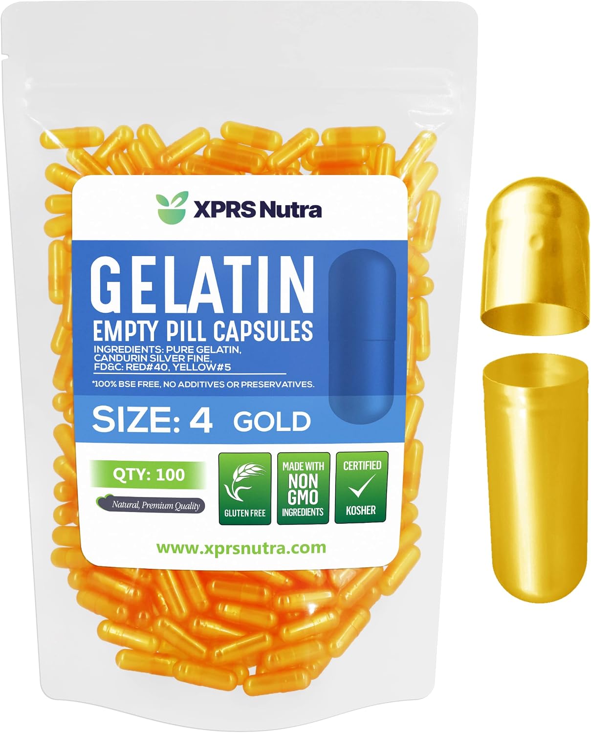 XPRS Nutra Cápsulas Vacías Tamaño 4 - 100 uds - Cápsulas de Gelatina Bovina para Rellenar