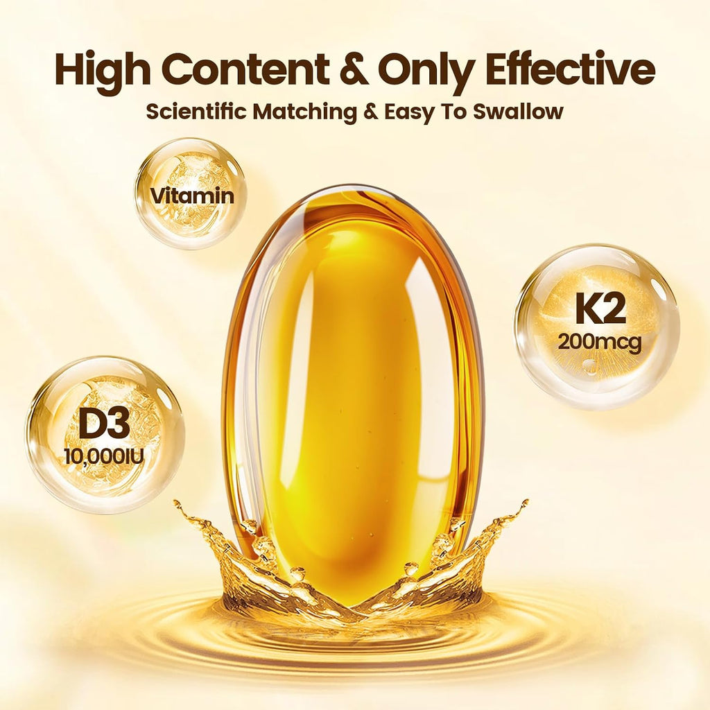 VivoNu Vitamina D3 K2 10000 UI con MK-7 y Aceite de Coco Virgen - 300 Cápsulas Blandas