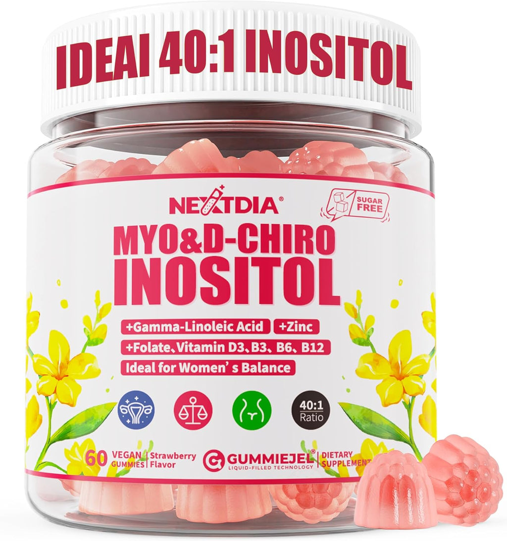 Inositol Gummies con Aceite de Onagra para Mujeres - 40:1 Myo-Inositol 2000mg & D-Chiro Inositol 50mg con Vit D3 B6 B12 y Zinc, Sin Azúcar, Vegano (60 unidades)