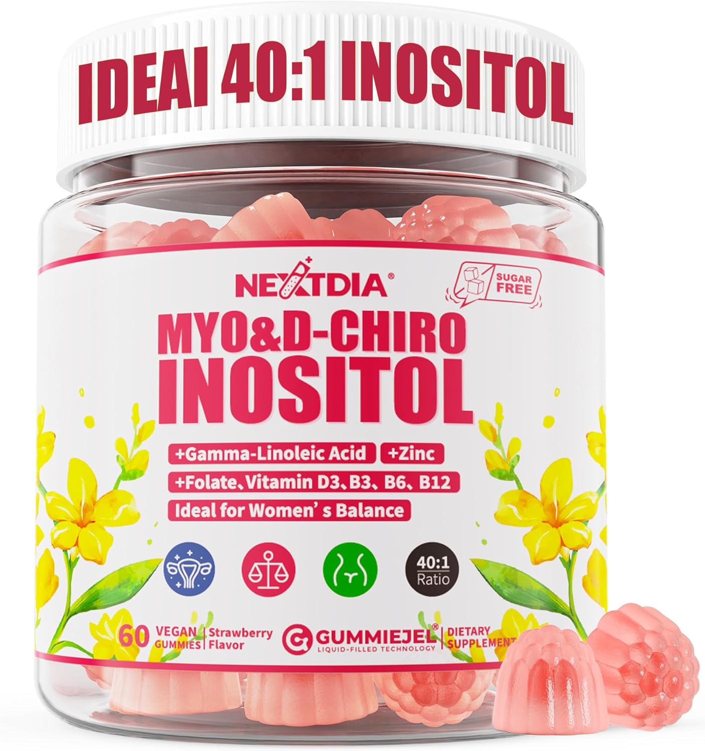 Inositol Gummies con Aceite de Onagra para Mujeres - 40:1 Myo-Inositol 2000mg & D-Chiro Inositol 50mg con Vit D3 B6 B12 y Zinc, Sin Azúcar, Vegano (60 unidades)