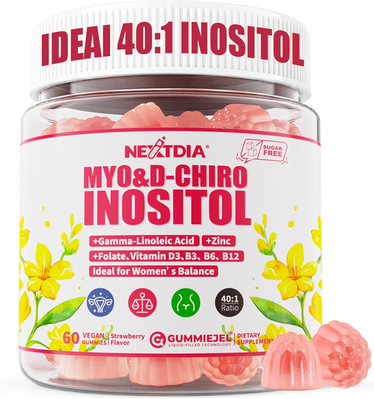 Inositol Gummies con Aceite de Onagra para Mujeres - 40:1 Myo-Inositol 2000mg & D-Chiro Inositol 50mg con Vit D3 B6 B12 y Zinc, Sin Azúcar, Vegano (60 unidades)