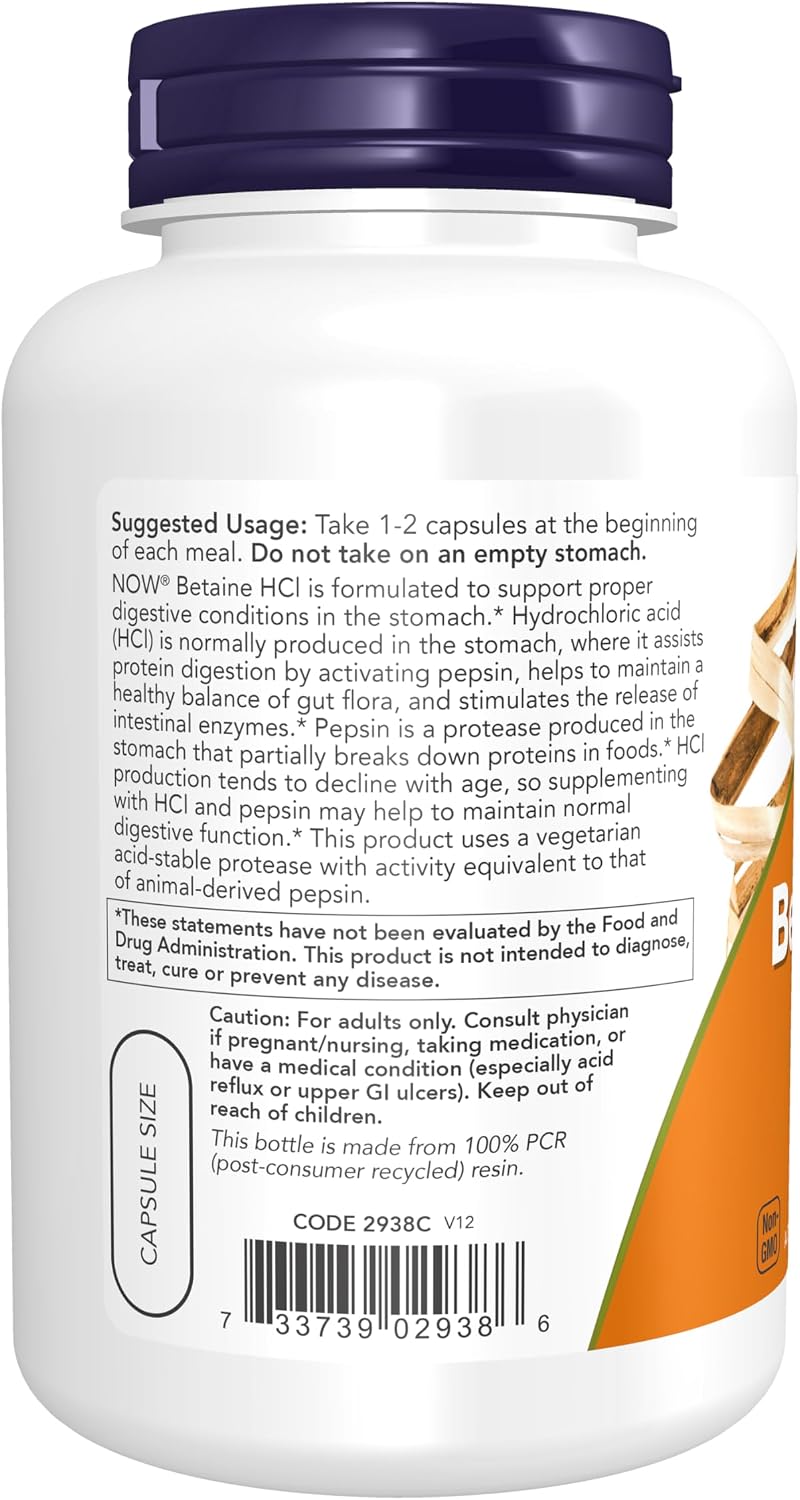 Betaina HCl 648 mg, 120 Cápsulas Veganas – NOW Foods