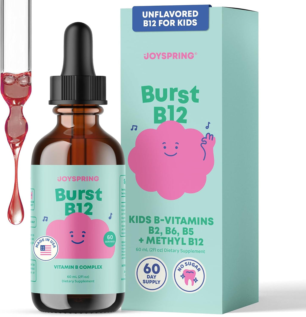 JoySpring Burst B12 Gotas - Complejo B para niños con metilcobalamina B12, Apoyo al Crecimiento y Desarrollo, Vegano, Líquido, 2 fl oz (60 porciones)