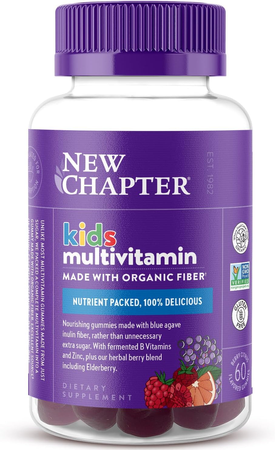 New Chapter Kids Multivitamin Gummies - 65% Menos Azúcar, Gomitas Multivitamínicas para Niños con Vitaminas C, D3 y Zinc, No GMO, Sin Gluten, Sabor Baya-Cítrica, 60 unidades