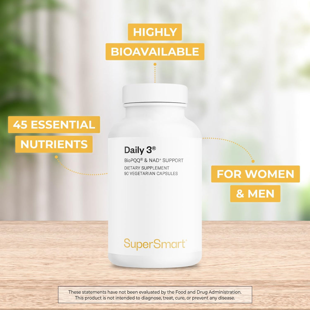 Supersmart Daily3 + BioPQQ – Multivitamínico completo para hombres y mujeres – 90 cápsulas vegetales