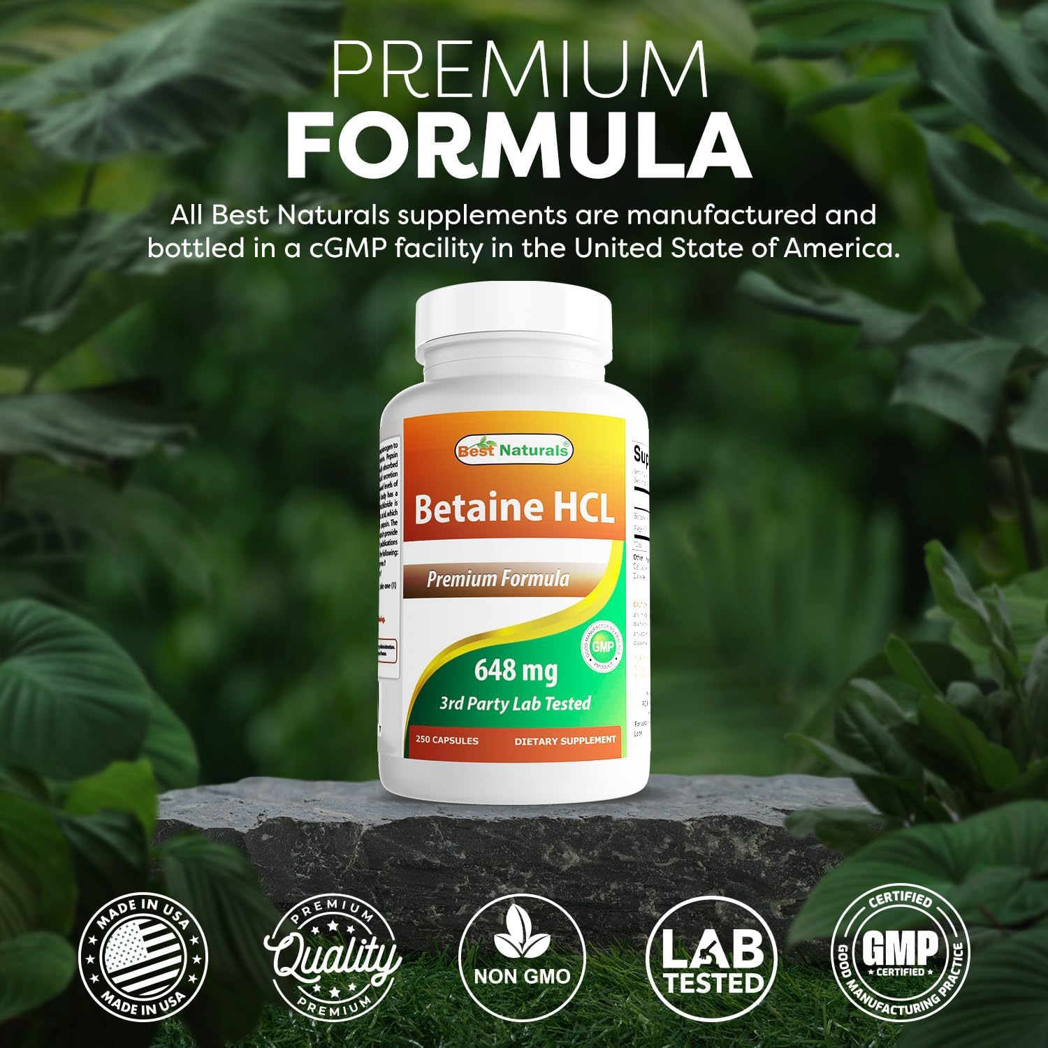 Best Naturals Betaine HCL 648 mg, 250 Cápsulas (Pack de 3)