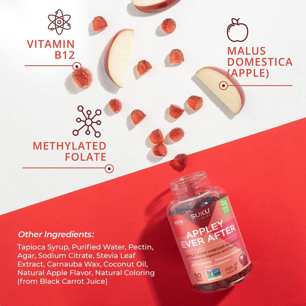 SUKU Appley Ever After Gummies – Vinagre de Manzana con B12 y Folato Metilados – Sin Azúcar, Vegano – 50 Gominolas