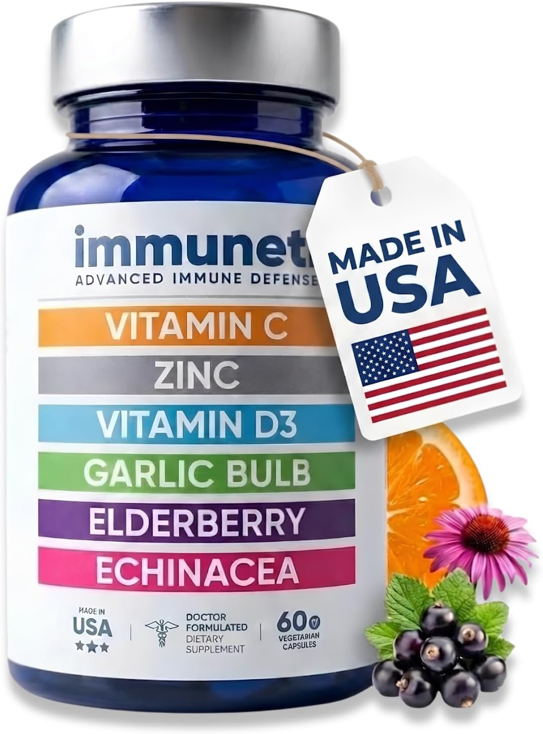 Immuneti Advanced Immune Support – Suplemento 6 en 1 con Saúco, Vitamina C, D3, Zinc, Ajo y Equinácea