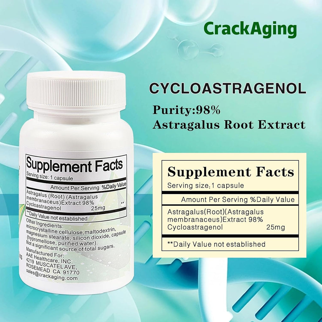 Crackaging Super-Absorption Cycloastragenol 98% 25mg, 60 Cápsulas (2 Botellas)