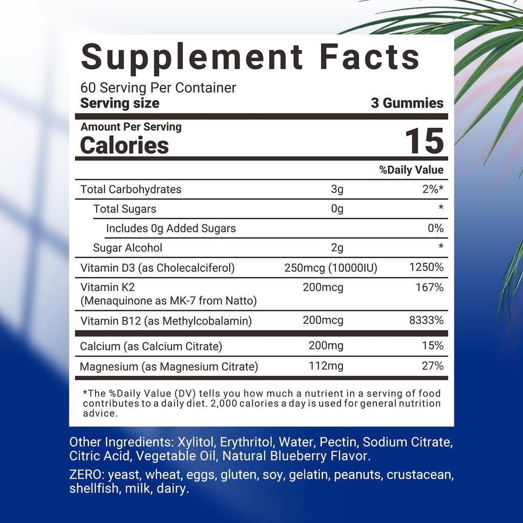 Wiszeen Gominolas de Vitamina D3 y K2 Sin Azúcar - 10000 UI D3 + 200 mcg K2 MK-7 con Calcio, Magnesio y B12