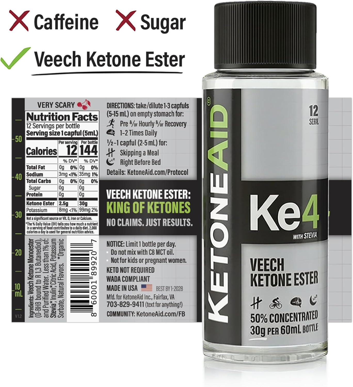 KetoneAid Ke4 Éster de Cetonas Concentrado | Sin Sales, Sin Azúcar, Sin Cafeína | D-BHB Exógeno | 12 Porciones