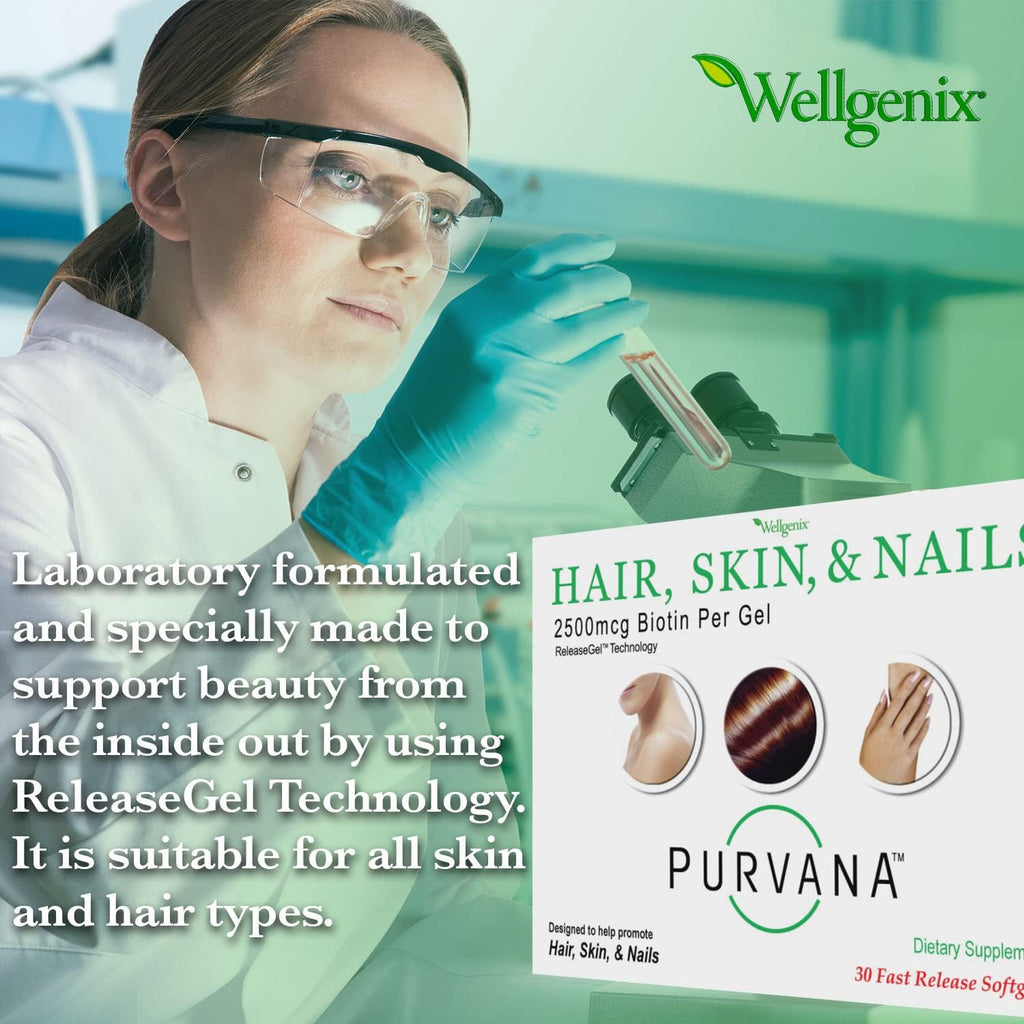 Wellgenix Purvana – Biotina 2500mcg con MSM y Complejo B – 60 Cápsulas Blandas (2 Envases)