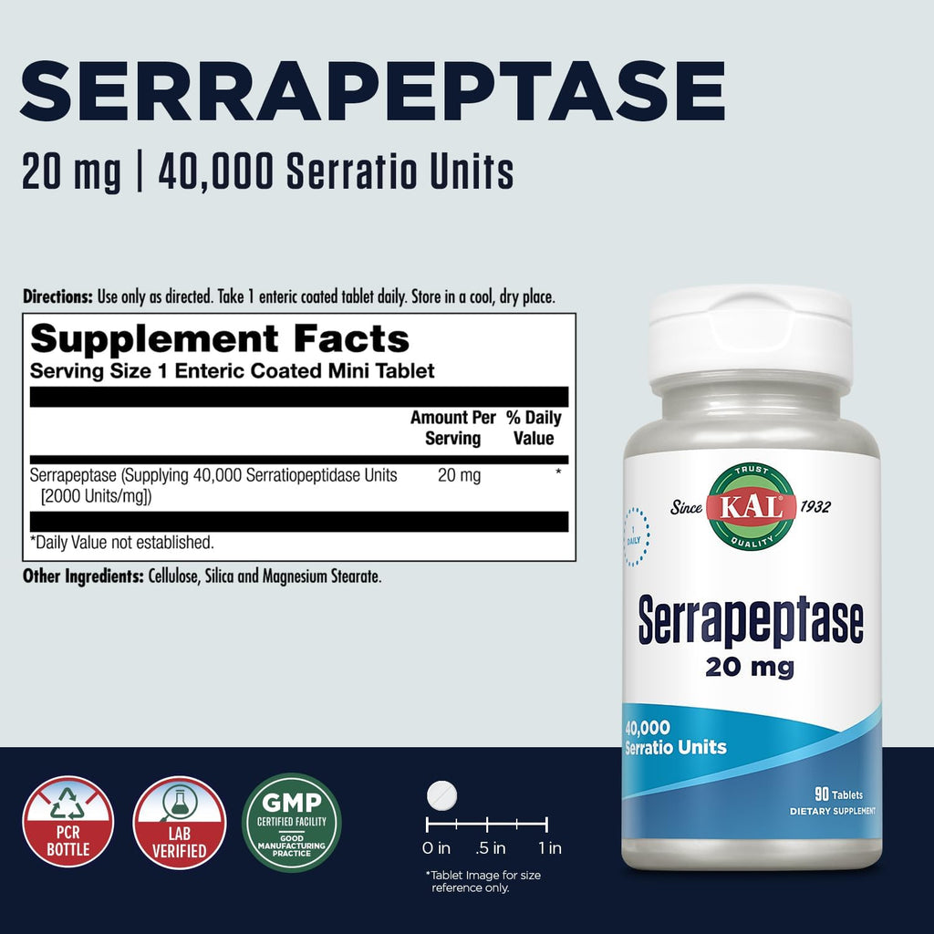 KAL Serrapeptase 20 mg - 90 Comprimidos - Cubierta Entérica