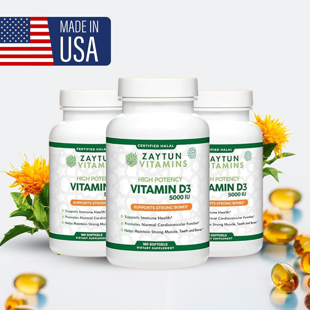 Zaytun Vitamina D3 5000 IU, 180 Cápsulas Blandas - Halal, Sin Gluten, No GMO