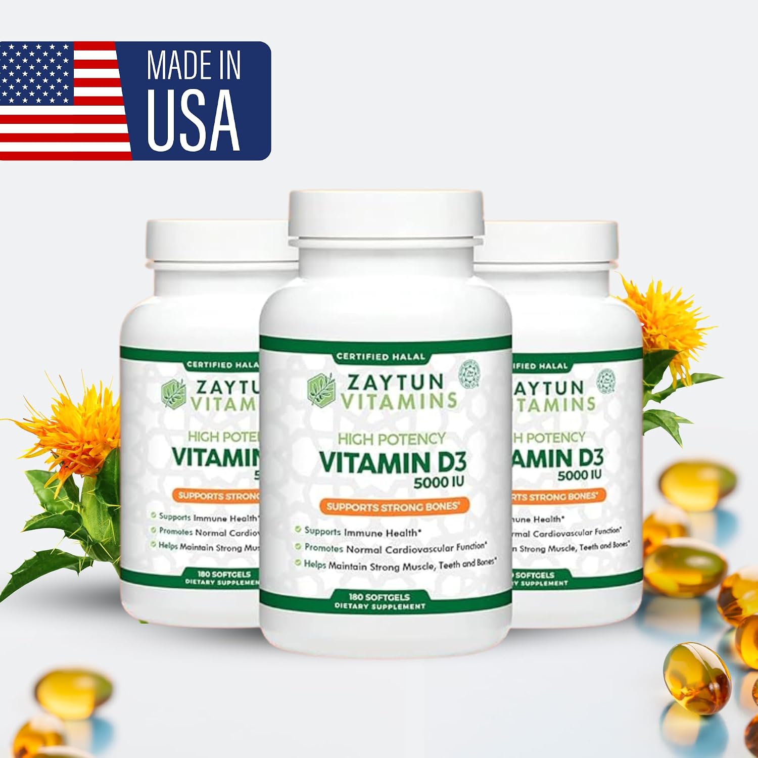 Zaytun Vitamina D3 5000 IU, 180 Cápsulas Blandas - Halal, Sin Gluten, No GMO