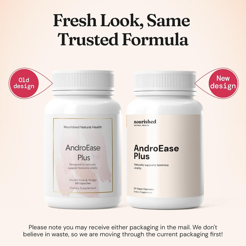 Nourished AndroEase Plus - Equilibrio Hormonal Vegano para Mujeres - Zinc, Reishi, Té Verde y Saw Palmetto - para Energía, Vitalidad y Bienestar Diario - 60 Cápsulas, Hecho en EE.UU.