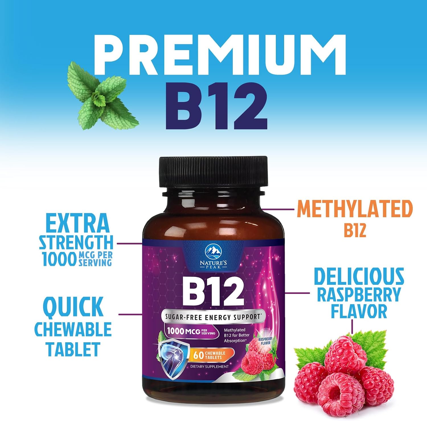 Vitamina B12 Metilcobalamina 1000 mcg - 60 Comprimidos Masticables Sabor Bayas