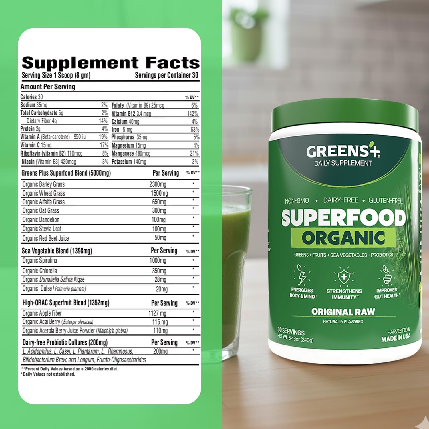 Greens+ Polvo de superalimento orgánico RAW - Superalimento Orgánico en Polvo (240 g)