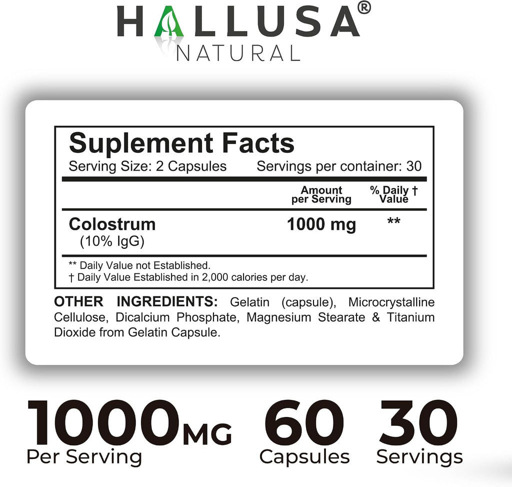 Hallusa Natural Cápsulas de Colostro 1000 mg | Apoyo Inmunológico, Salud Digestiva, Recuperación Muscular, Piel y Cabello, Energía | 60 Cápsulas