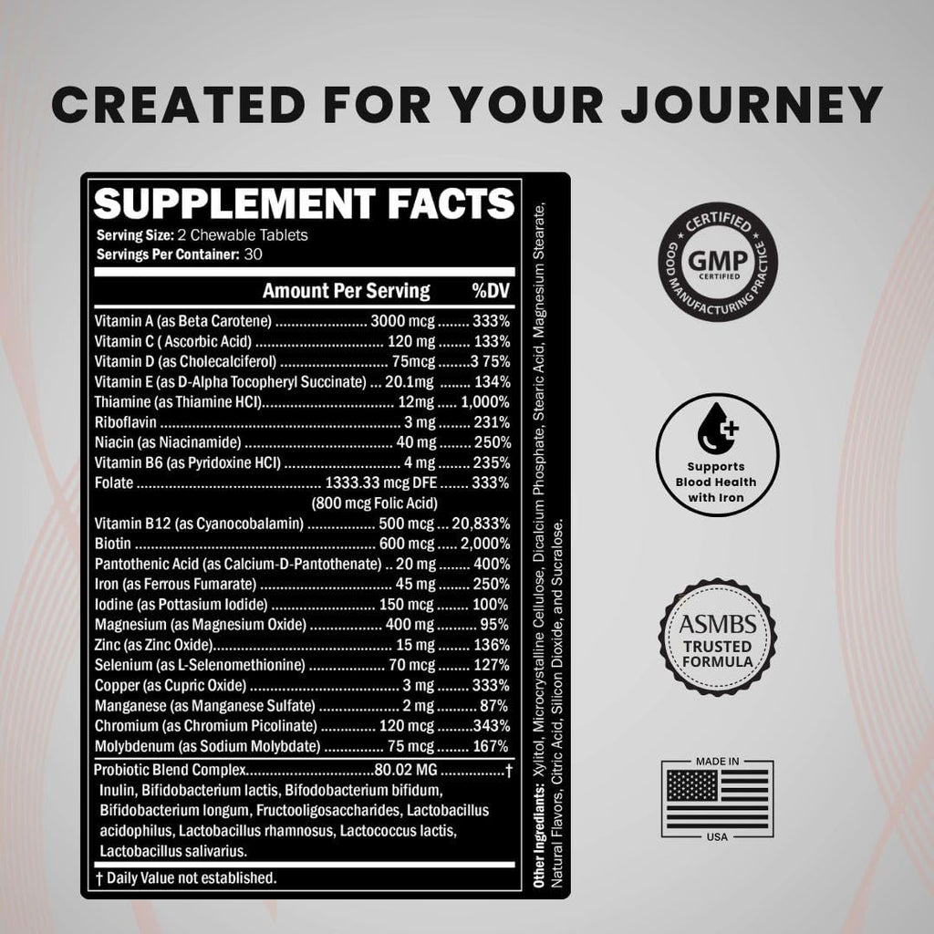 Journey Bariatric Multivitamin con Probióticos y Hierro – Masticable, Sabor Berry (60 Comprimidos)
