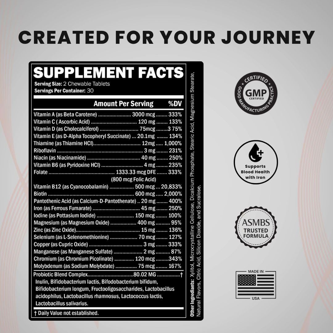 Journey Bariatric Multivitamin con Probióticos y Hierro – Masticable, Sabor Berry (60 Comprimidos)
