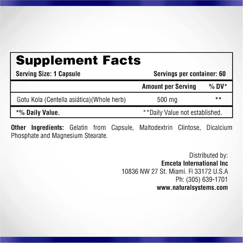 Centella Asiática 500 mg 60 Cápsulas - Gotu Kola - Natural Systems