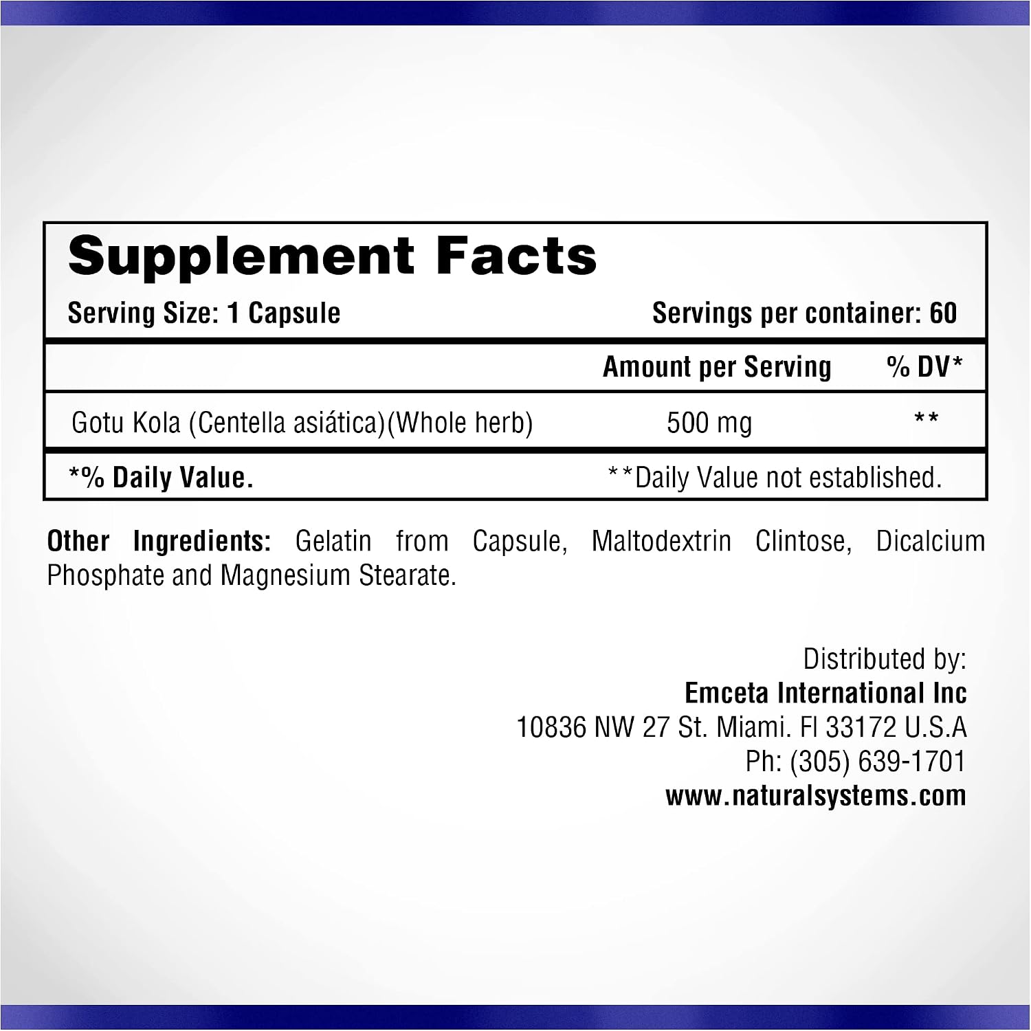 Centella Asiática 500 mg 60 Cápsulas - Gotu Kola - Natural Systems