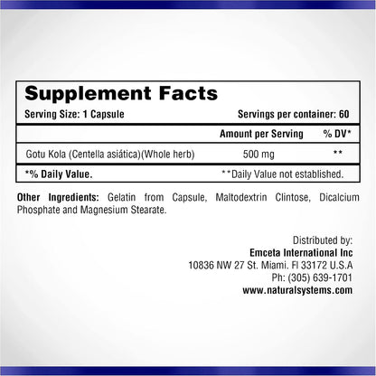 Centella Asiática 500 mg 60 Cápsulas - Gotu Kola - Natural Systems – Image 2
