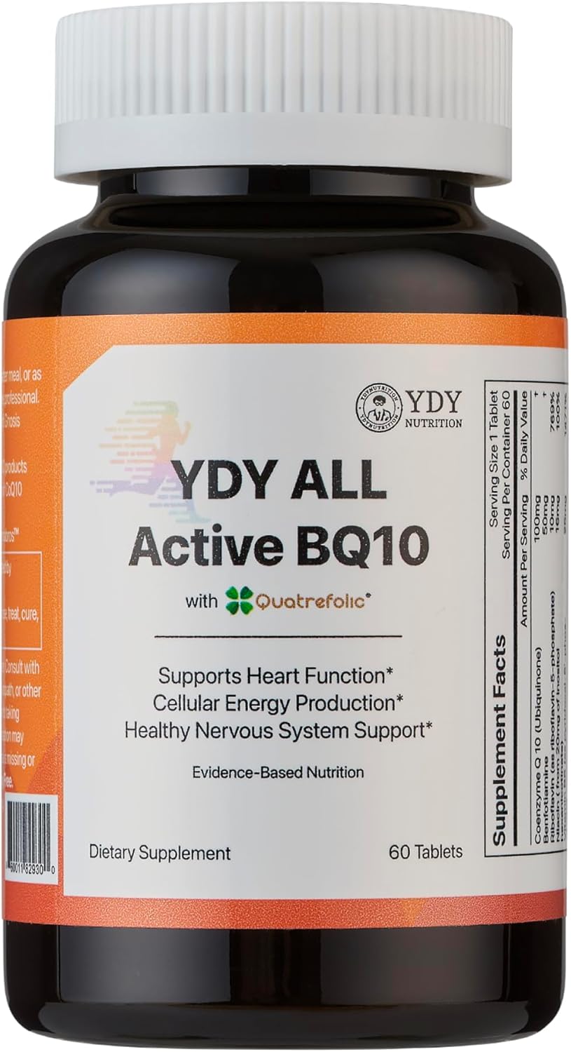 YDY All Active BQ10 - CoQ10 100mg, Complejo de Vitaminas B (B1, B2, B3, B6, B7, B9, B12, Pantetina) - Apoyo para la Salud Cardíaca, Energía Celular - 60 Comprimidos