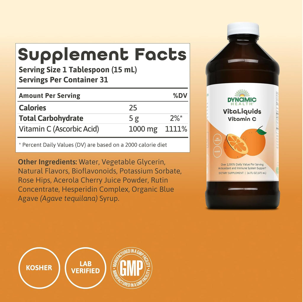 Dynamic Health VitaLiquids Vitamina C 1000 mg - Líquido con rosa mosqueta y bioflavonoides cítricos, 473 ml