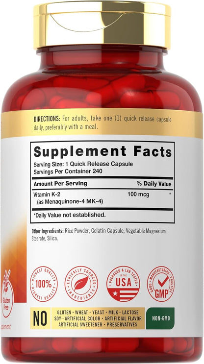 Carlyle Vitamin K2 Supplement 100 mcg MK-4, 240 Cápsulas – Image 2
