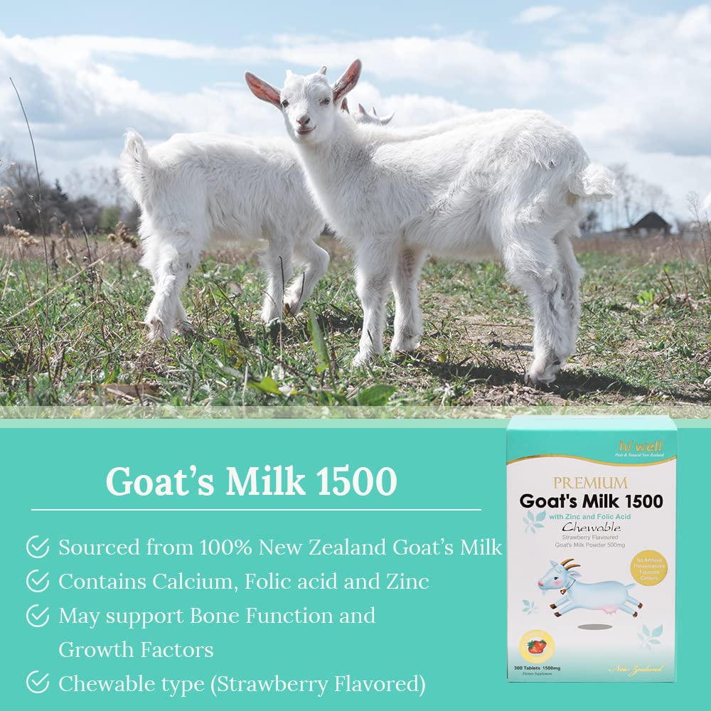 Hi Well Premium Leche de Cabra 1500 mg - 300 Comprimidos Masticables Sabor Fresa