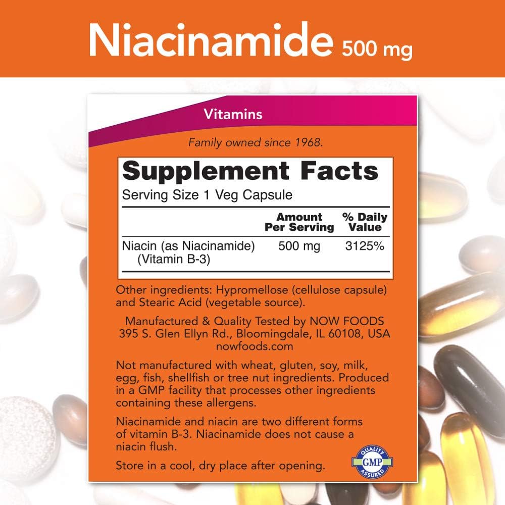 NOW Foods Niacinamida 500mg Vitamina B-3, 100 Cápsulas (Paquete de 3)