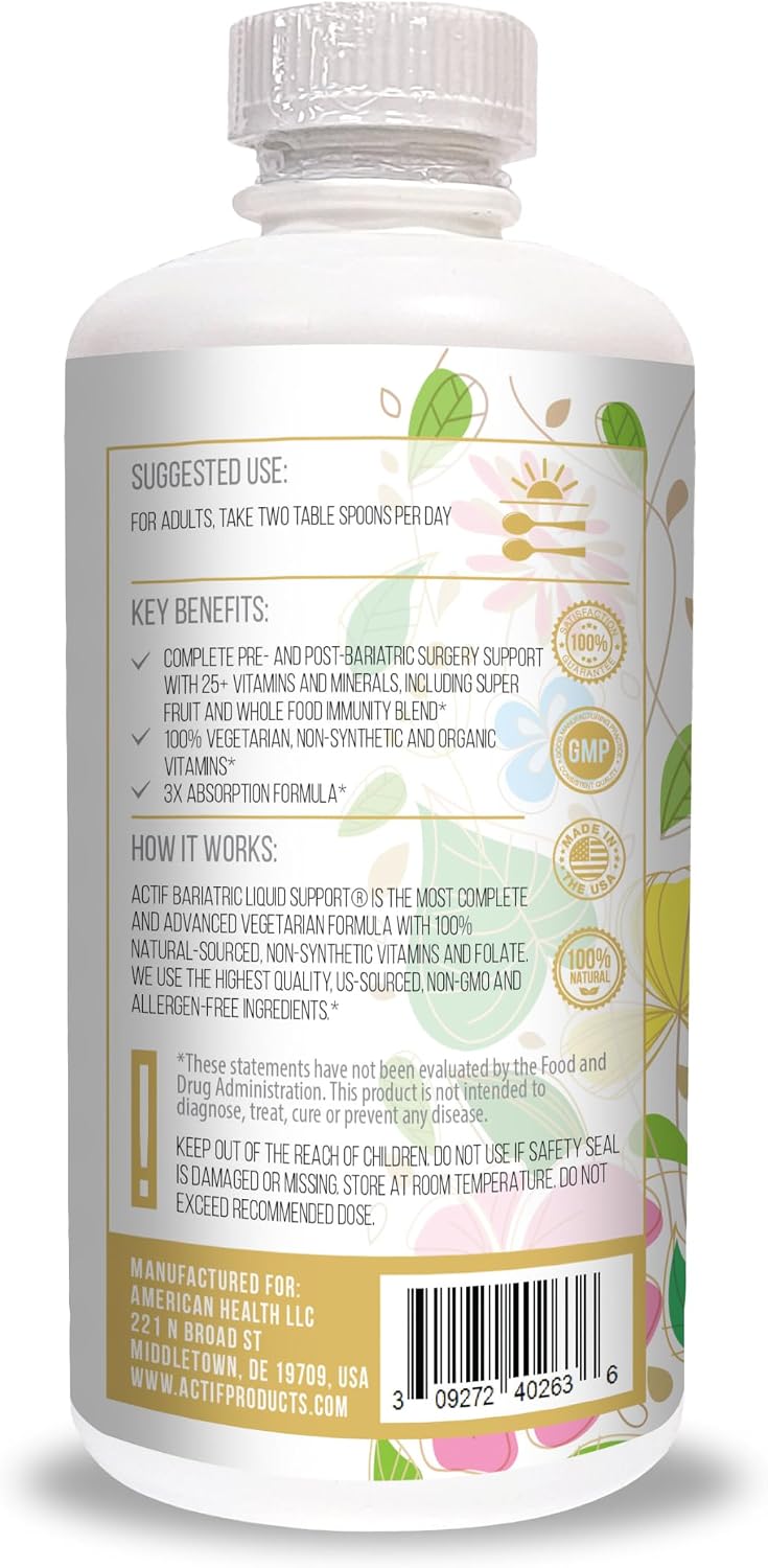 Actif Organic Bariatric Liquid Support - Complejo Multivitamínico Orgánico con 25+ Vitaminas y Minerales - 946 ml